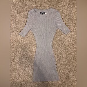 Gray Ribbed Sweater Dress with Gold Button Accents